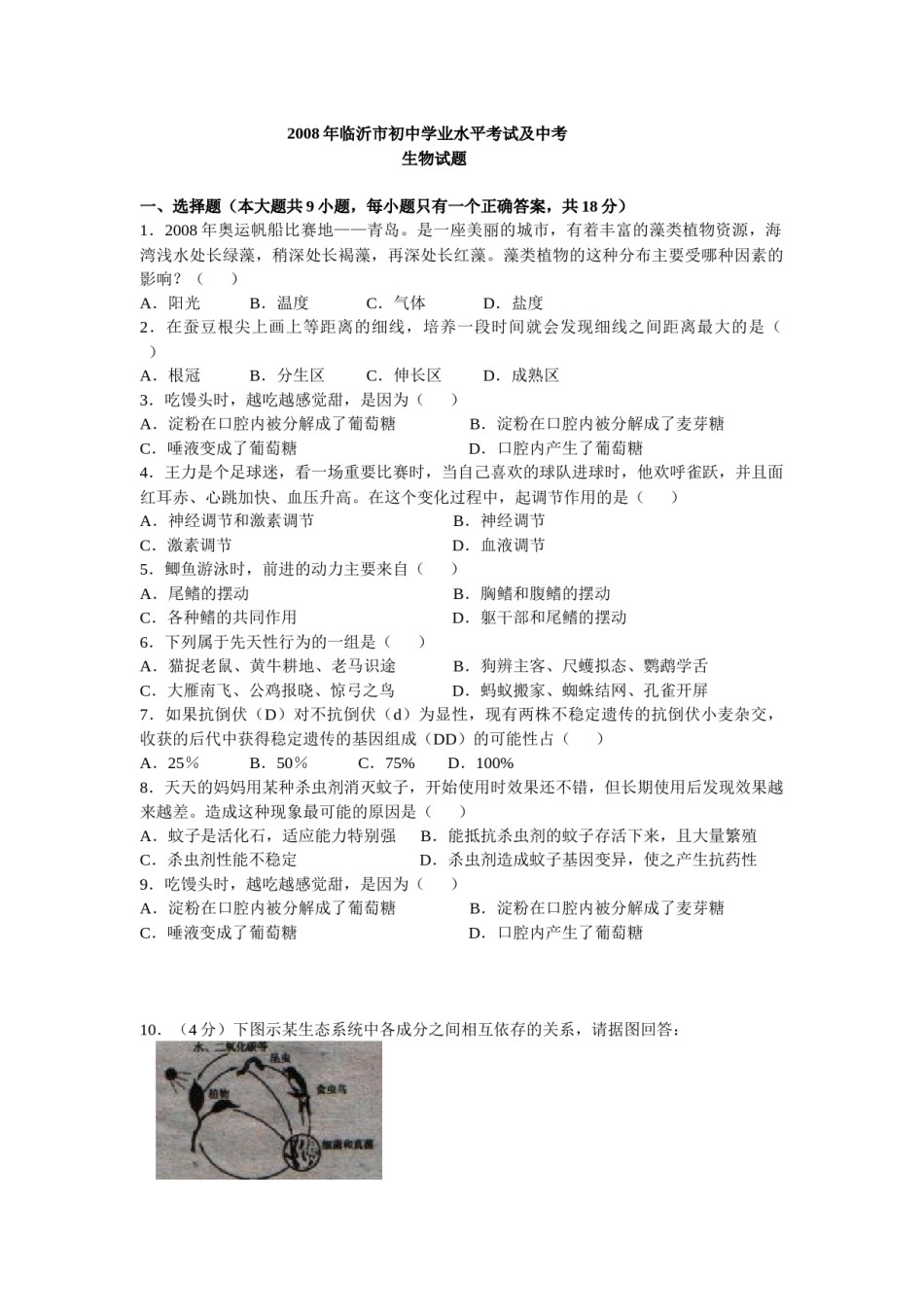 山东省临沂市2008年初中学业考试生物试题.docx_第1页