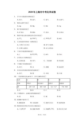 2020年上海市中考化学试卷(附解析).docx