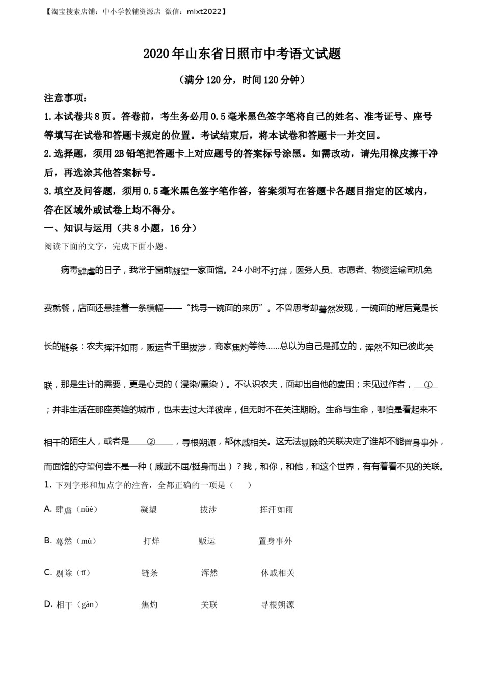 精品解析：山东省日照市2020年中考语文试题（解析版）.docx_第1页