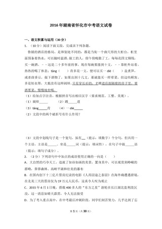 2016年湖南省怀化市中考语文试卷（含解析版）.doc