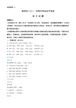 山东省滨州市2021年中考语文试题（解析版）.doc