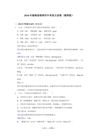 2016年湖南省株洲市中考语文试卷（教师版）  .doc