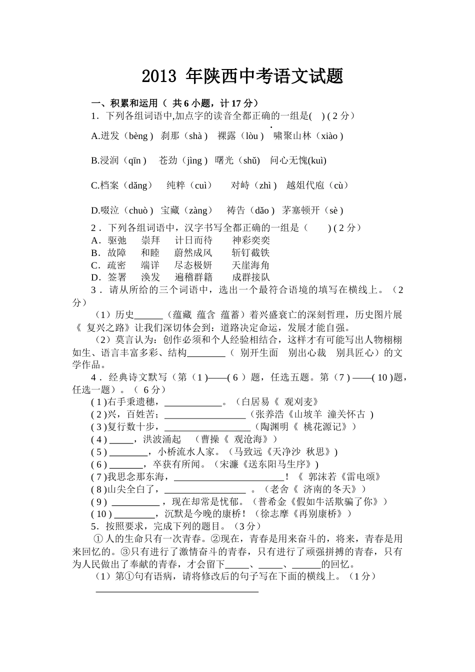 2013年陕西省中考语文试题及答案.docx_第1页