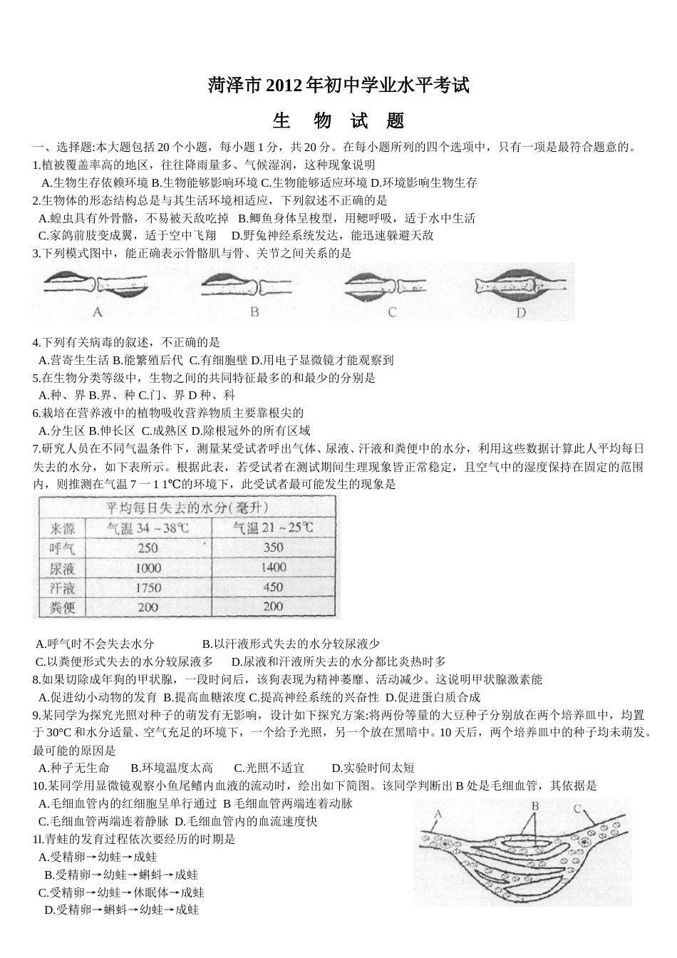 2012年菏泽市中考生物试题含答案.doc_第1页