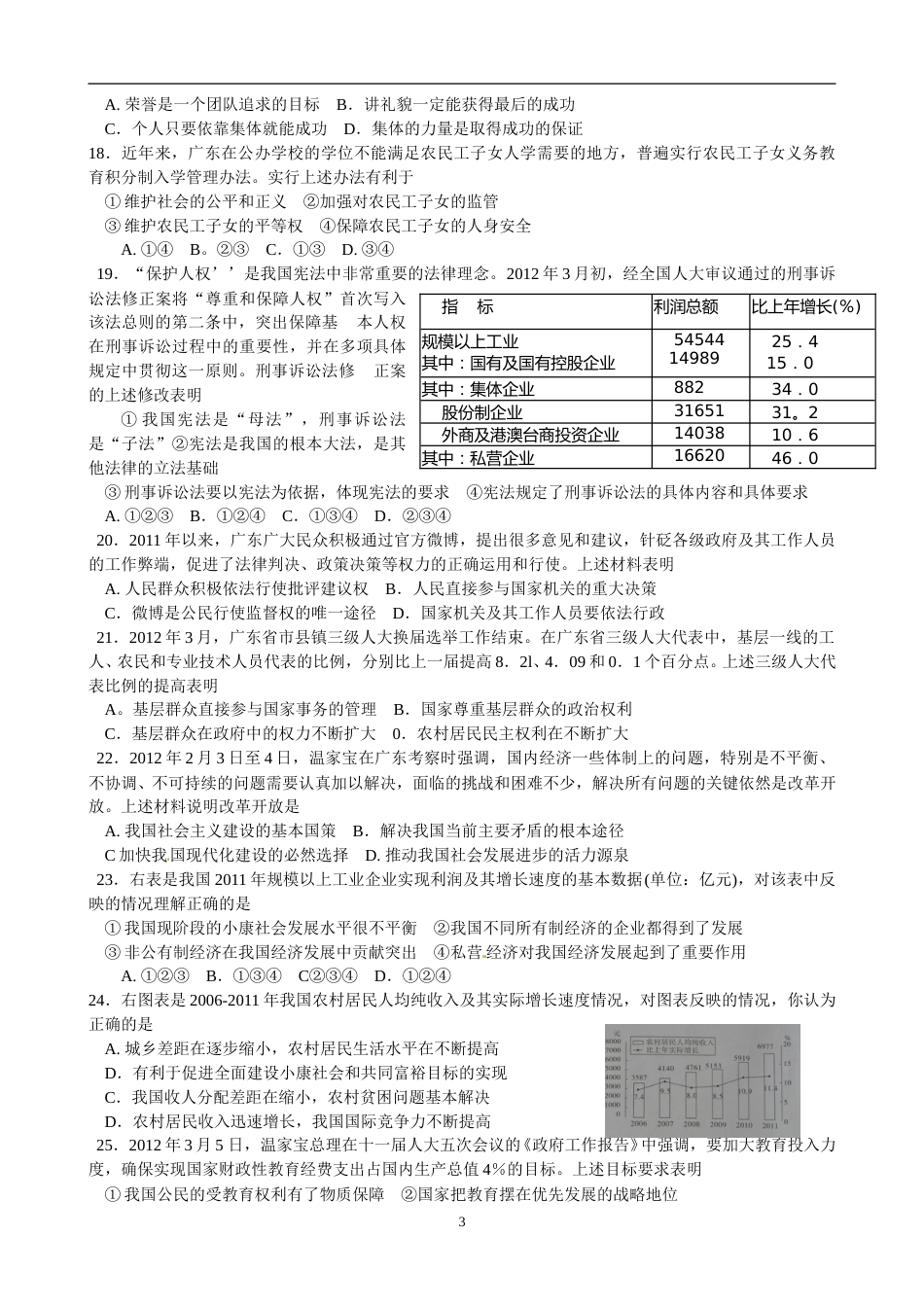 2012年广东省中考思想品德试卷和答案.doc_第3页