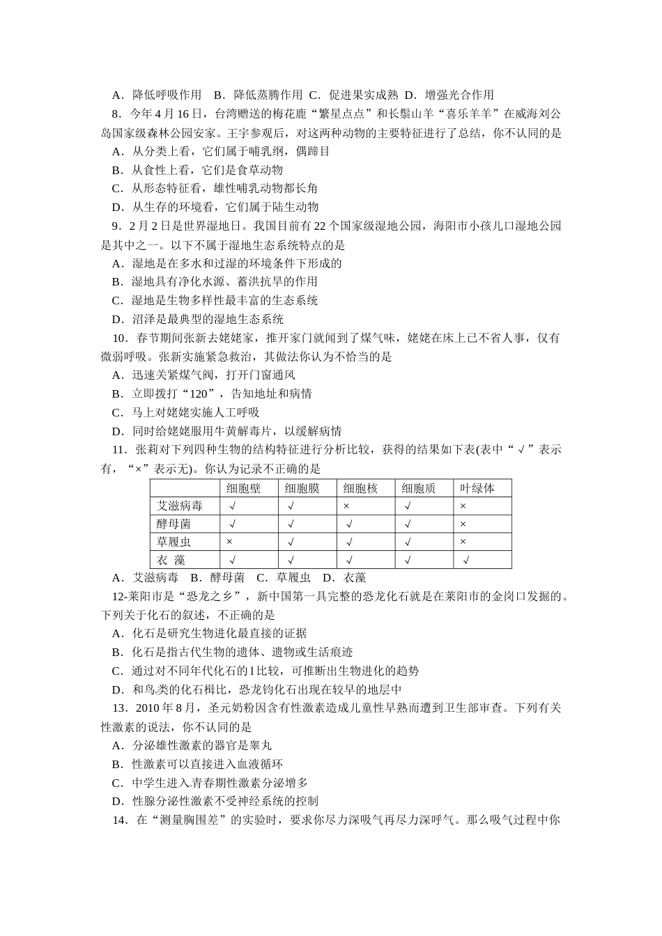 2011烟台市中考生物试题及答案(word版).doc_第2页