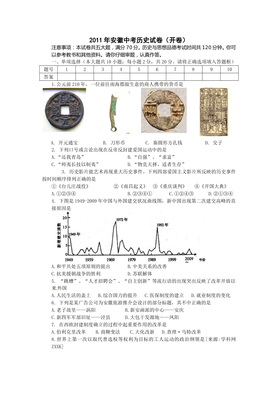 2011年安徽省历史中考试题及答案.doc_第1页