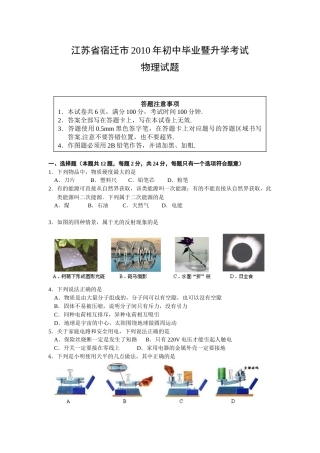 2010年江苏省宿迁市中考物理真题(word版有答案).doc