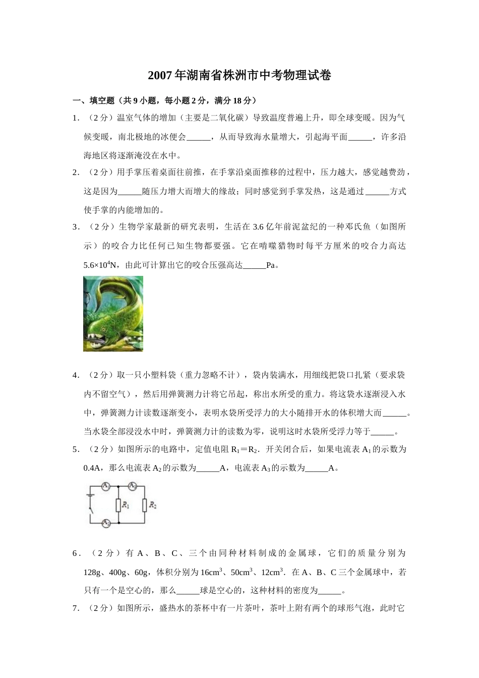 2007年湖南省株洲市中考物理试卷（学生版）  学霸冲冲冲shop348121278.taobao.com_20200611_181654.doc_第1页