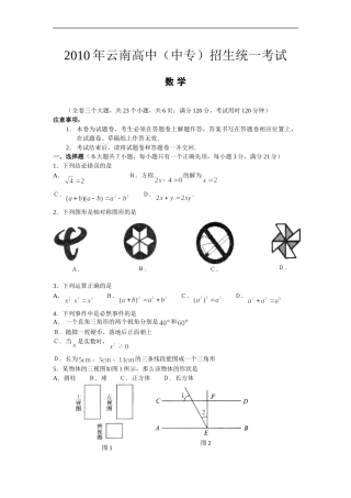 2010年云南省中考数学试卷及答案（word版）.doc