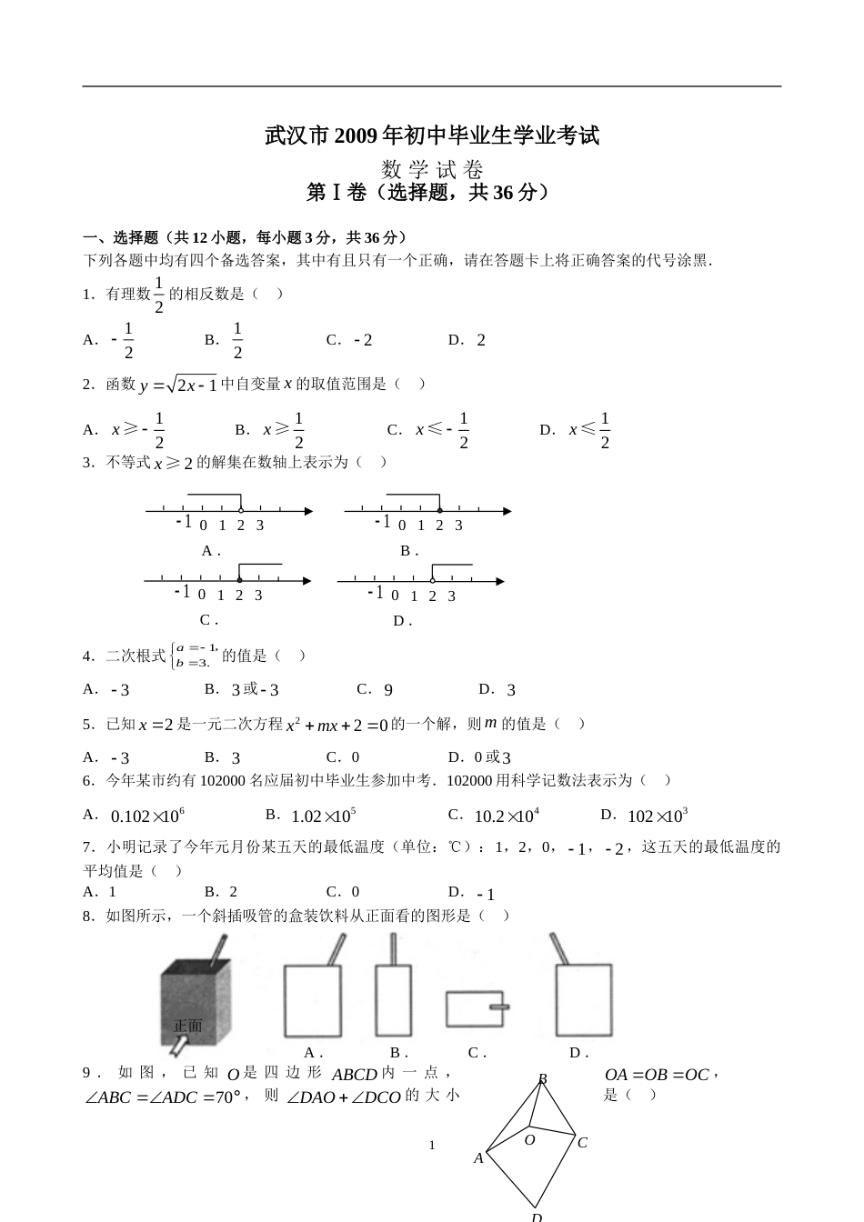 2009年武汉市中考数学试题及答案.doc_第1页