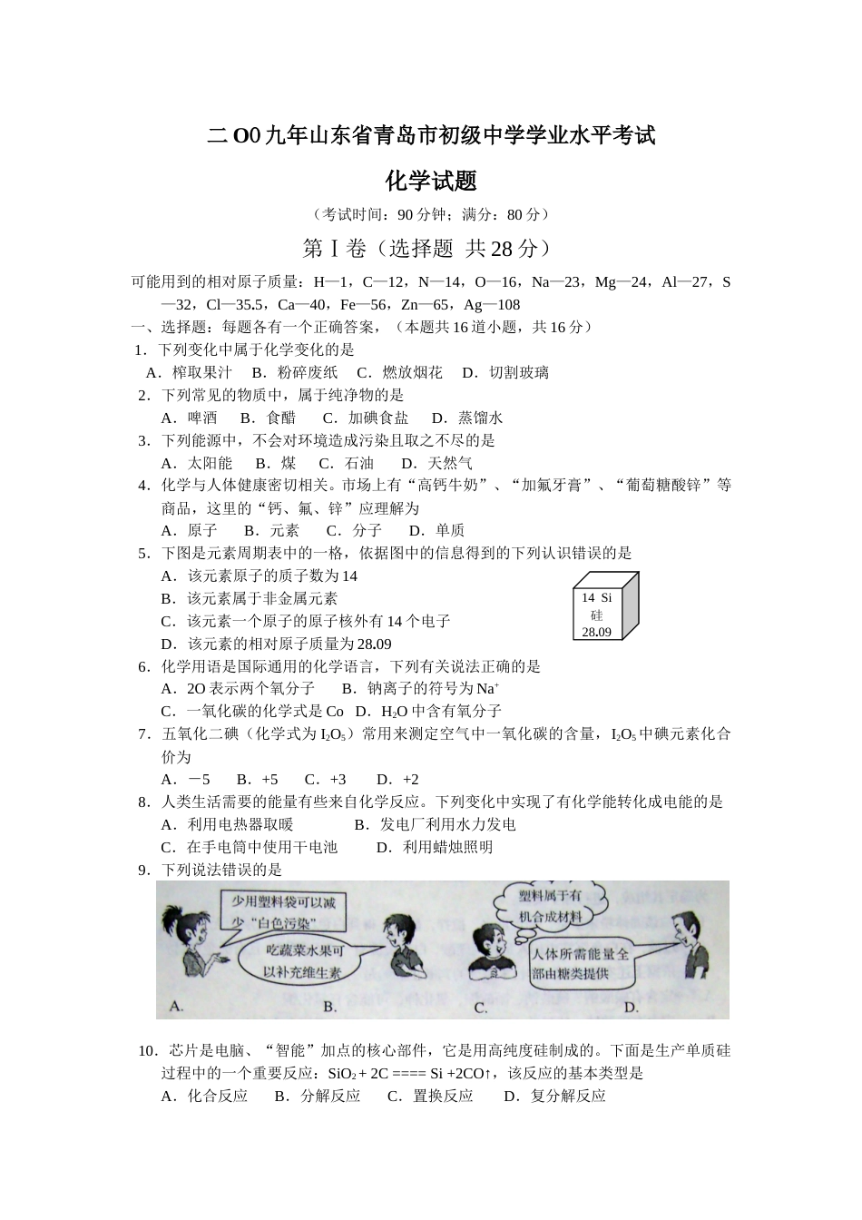 2009年山东省青岛市中考化学试题及答案.doc_第1页