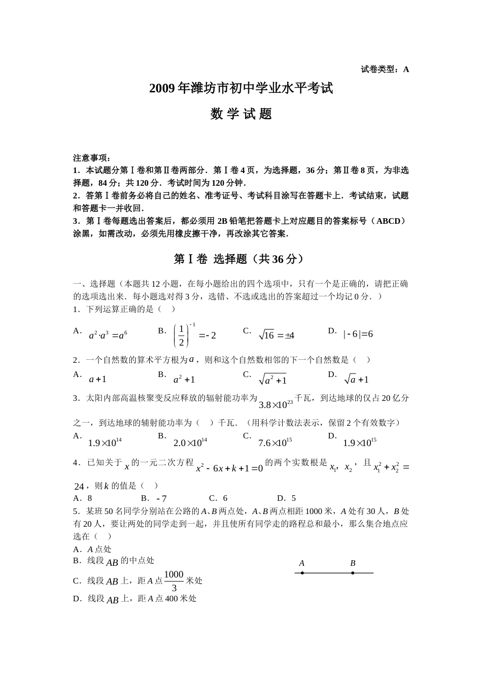 2009年山东省潍坊市中考数学试题及答案.doc_第1页