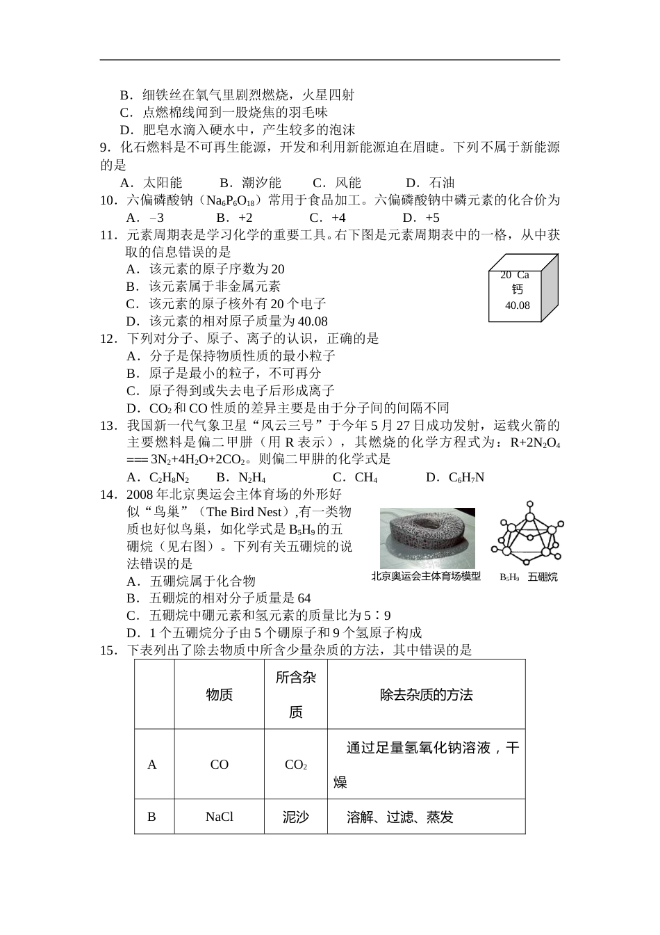 2008年盐城市中考化学试卷及答案(word版).doc_第2页
