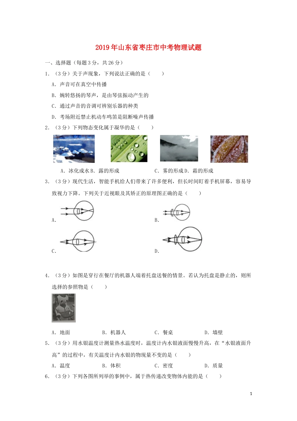 山东省枣庄市2019年中考物理真题试题.docx_第1页