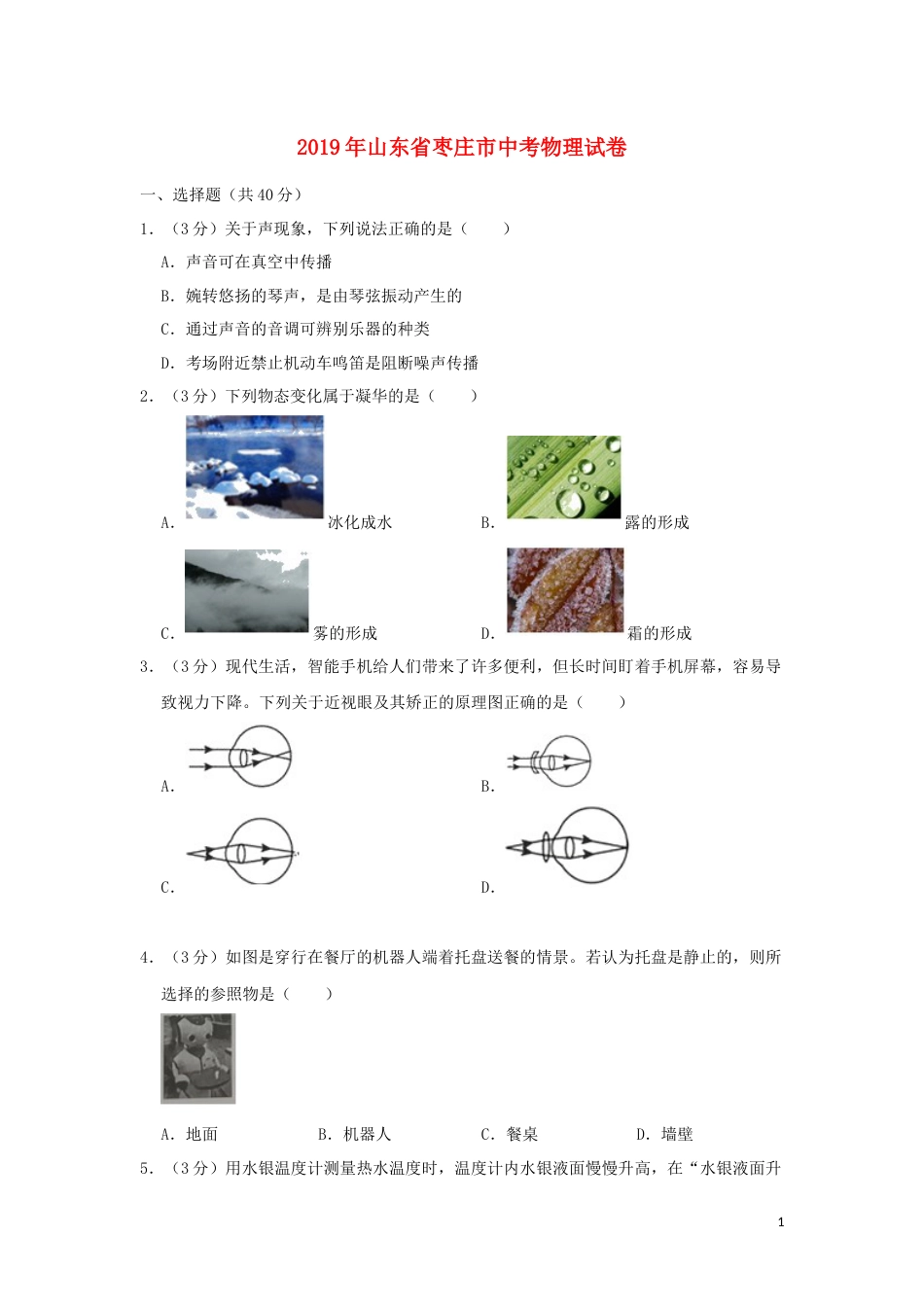 山东省枣庄市2019年中考物理真题试题（含解析）.docx_第1页