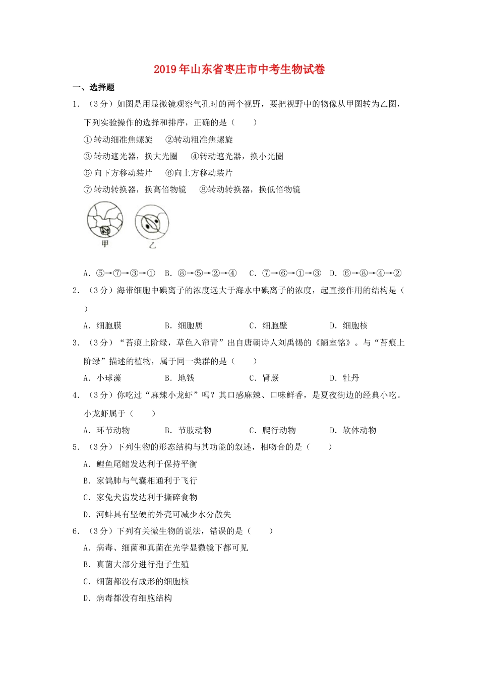 山东省枣庄市2019年中考生物真题试题（含解析）.doc_第1页