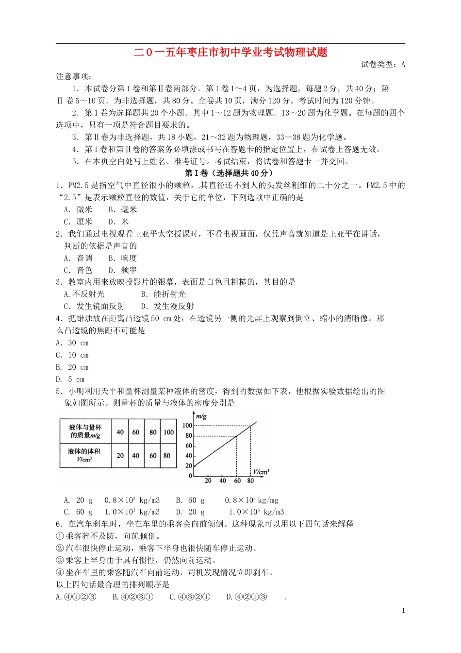山东省枣庄市2015年中考物理真题试题（含扫描答案）.doc_第1页