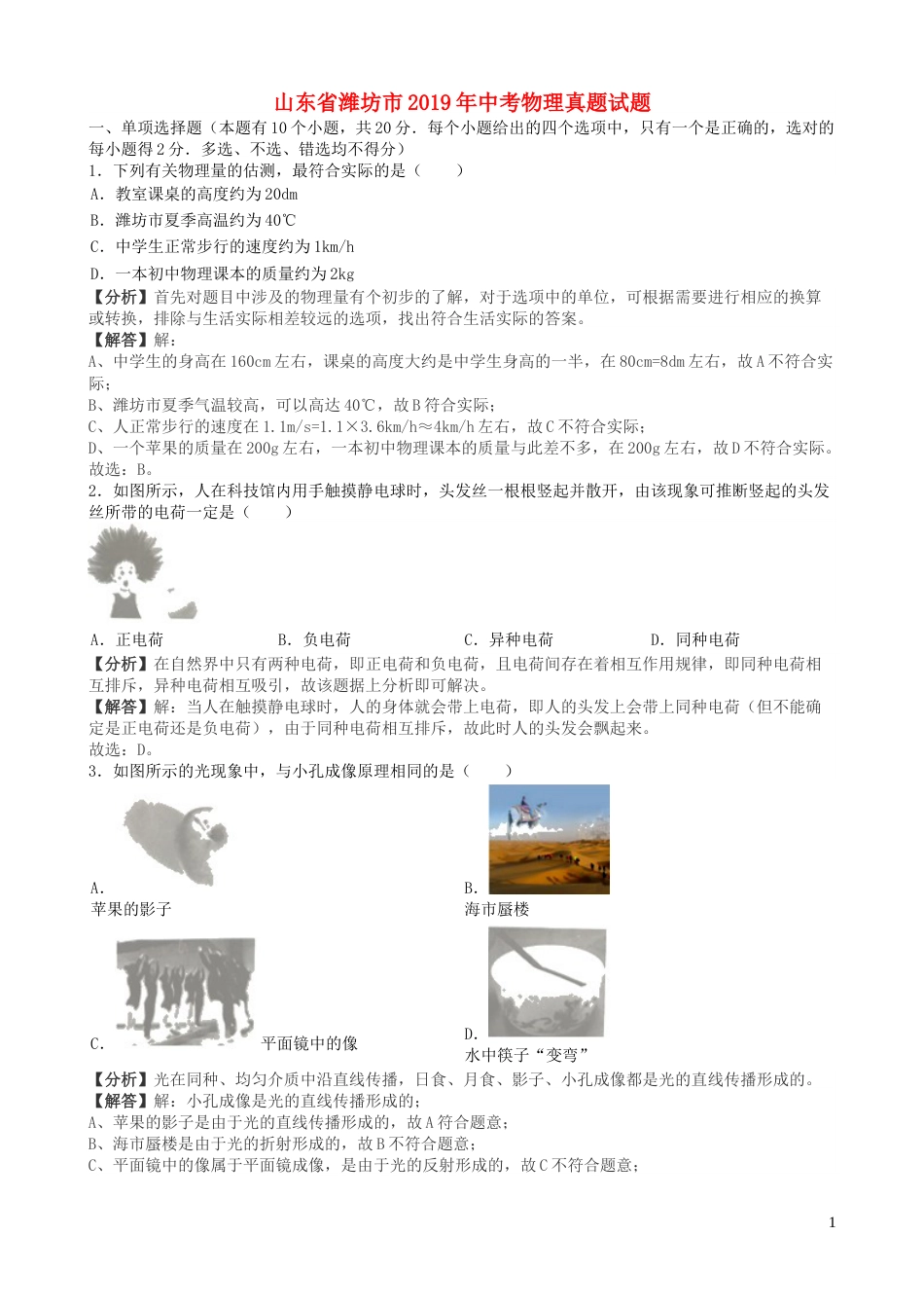 山东省潍坊市2019年中考物理真题试题（含解析）.docx_第1页