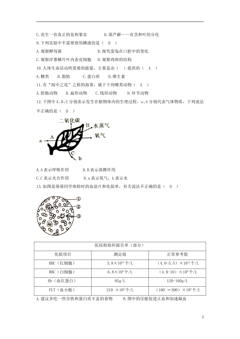 四川省凉山州2018年中考生物真题试题（含答案）.doc_第2页