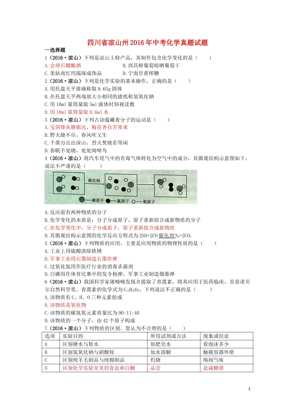 四川省凉山州2016年中考化学真题试题（含答案）.DOC_第1页