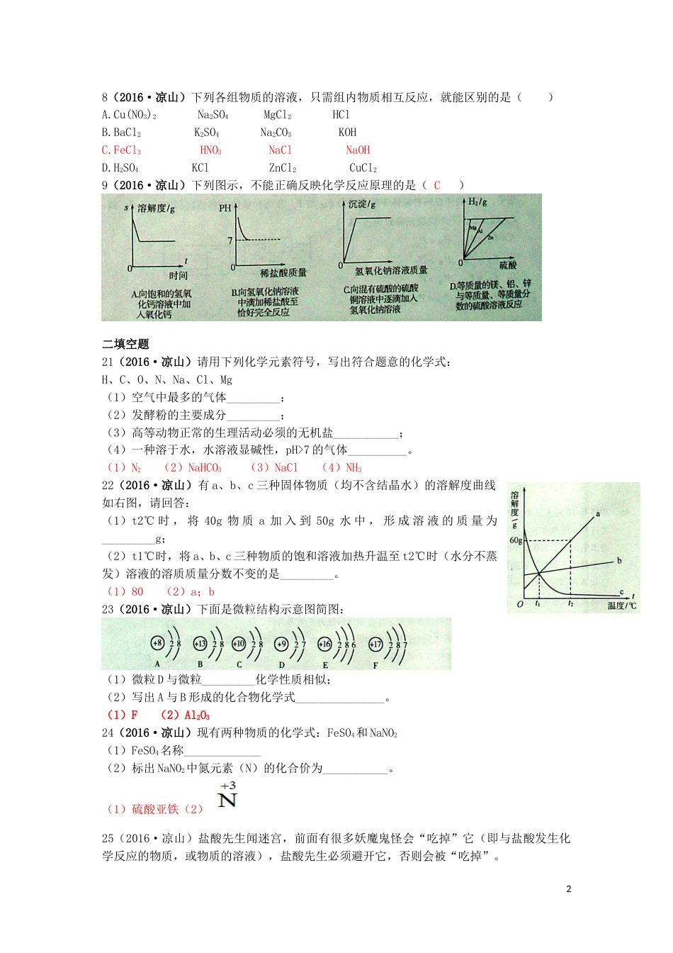四川省凉山州2016年中考化学真题试题（含答案）.DOC_第2页