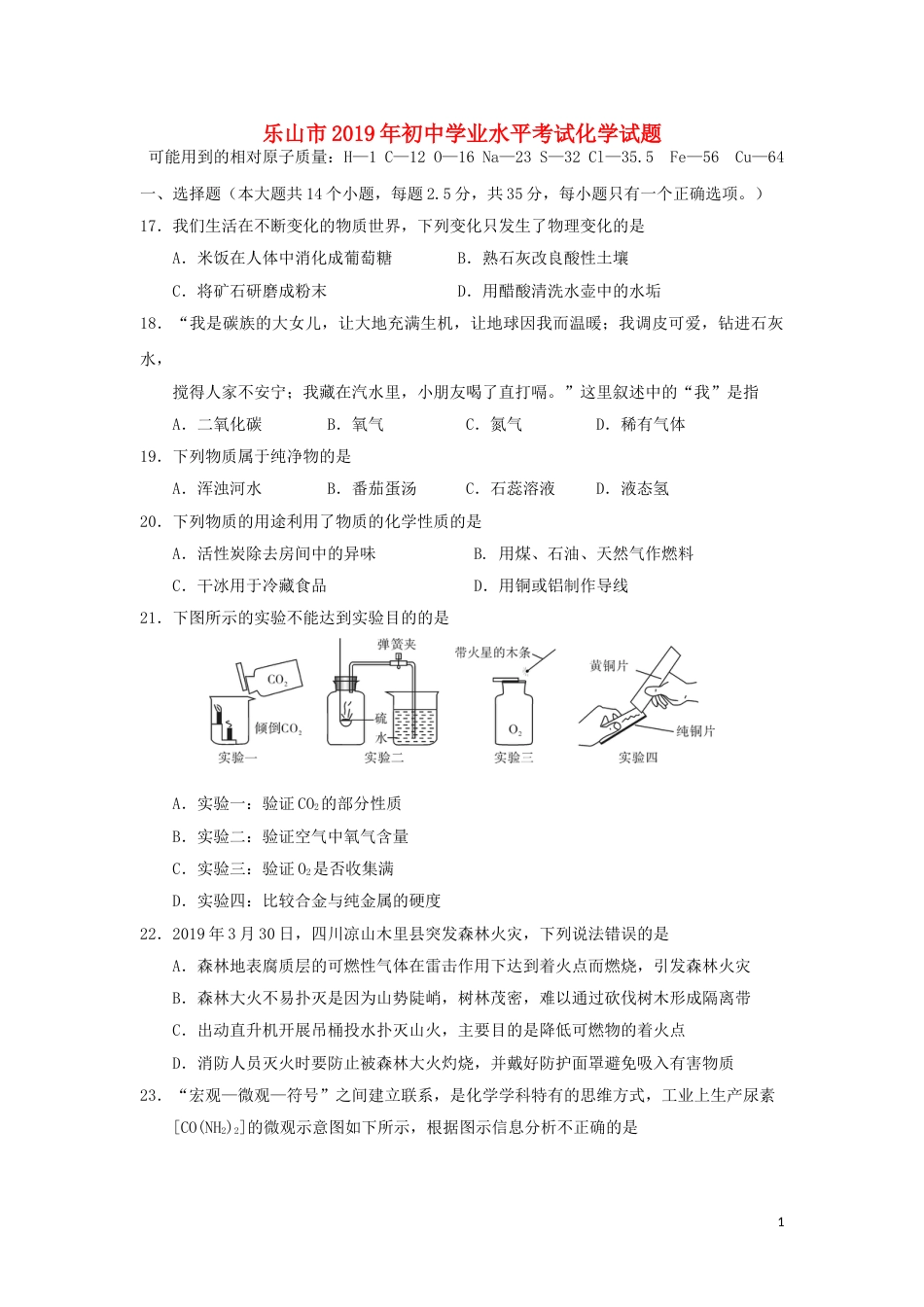 四川省乐山市2019年中考化学真题试题.doc_第1页