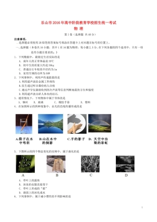 四川省乐山市2016年中考物理真题试题（含答案）.DOC