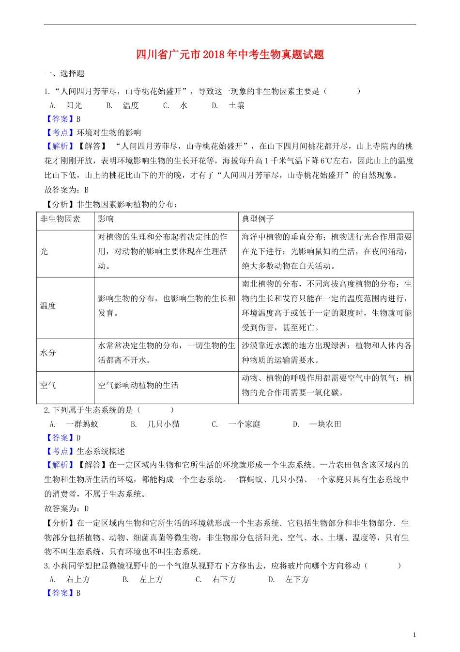 四川省广元市2018年中考生物真题试题（含解析）.doc_第1页