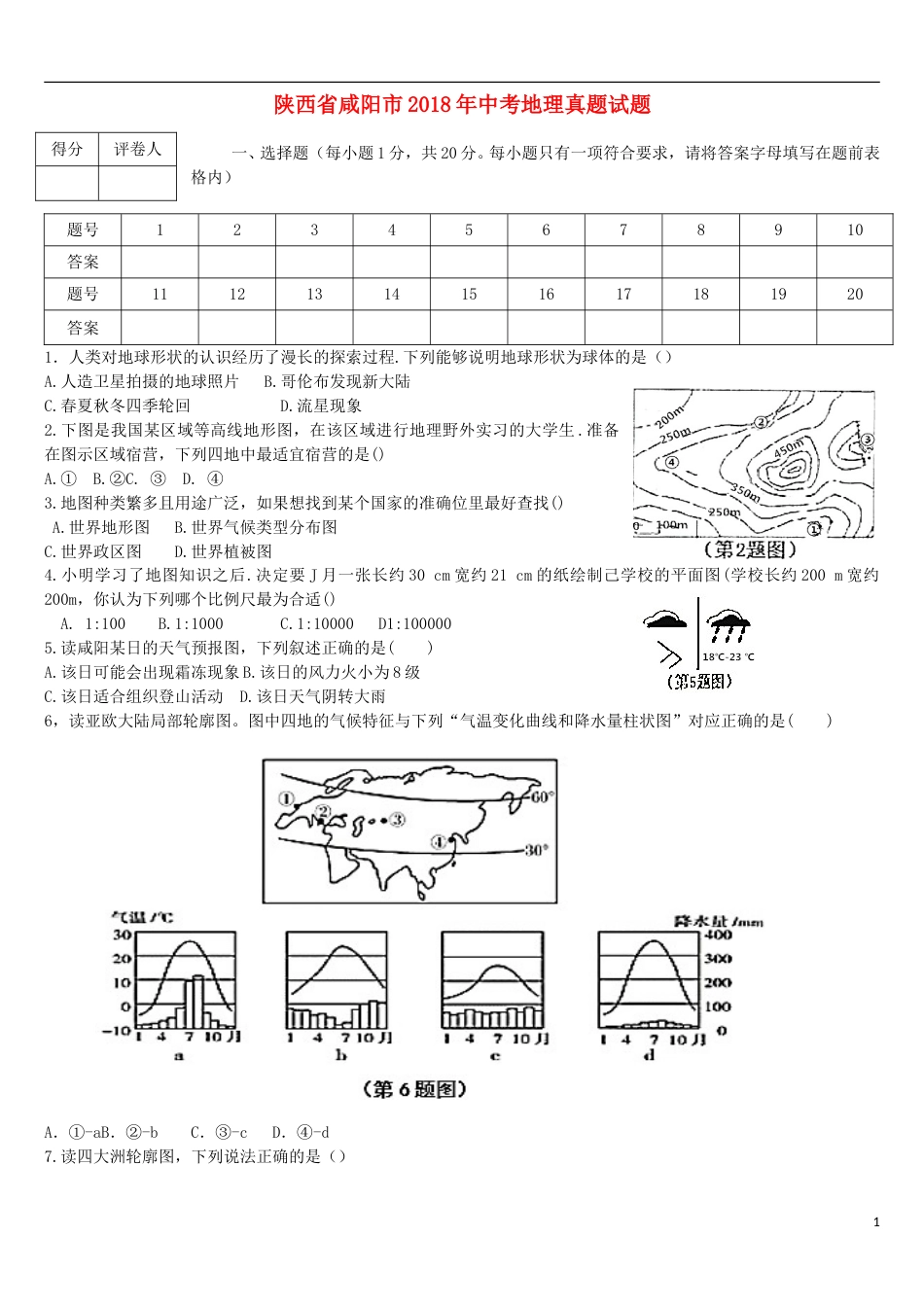 陕西省咸阳市2018年中考地理真题试题（含答案）.doc_第1页