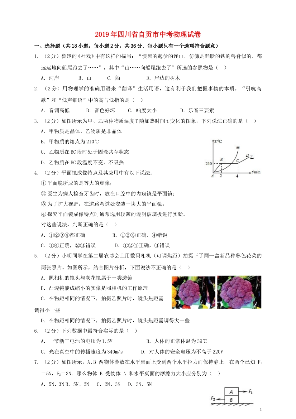 四川省自贡市2019年中考物理真题试题（含解析）.doc_第1页