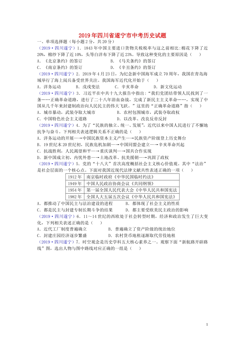 四川省遂宁市2019年中考历史真题试题.doc_第1页