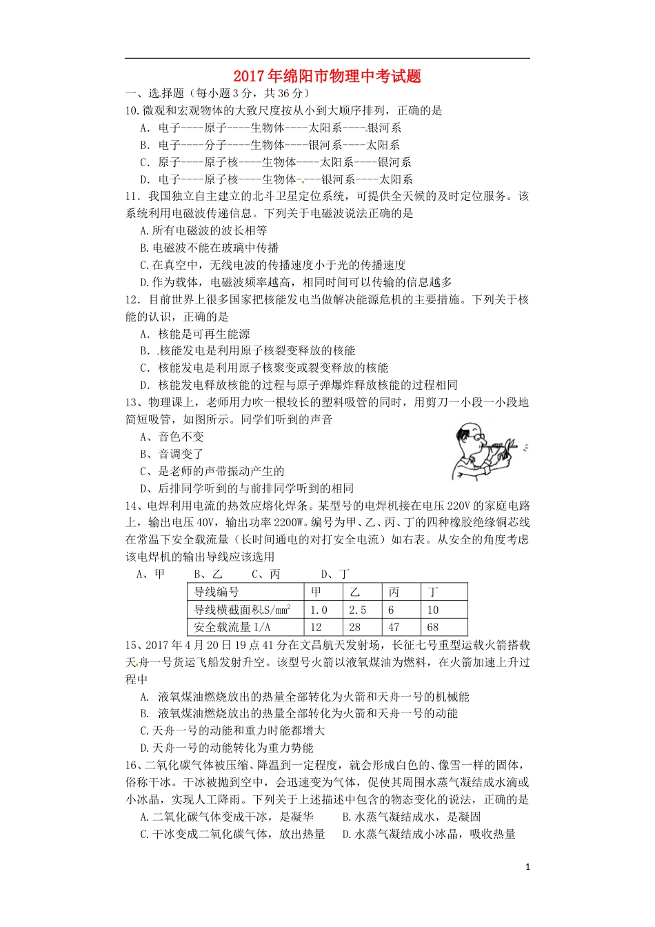 四川省绵阳市2017年中考物理真题试题（含答案）.DOC_第1页