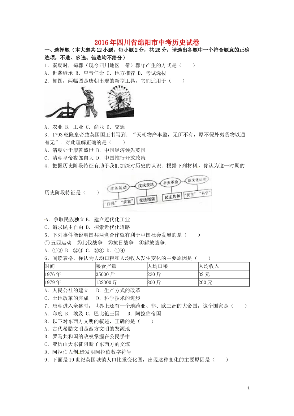四川省绵阳市2016年中考历史真题试题（含解析）.doc_第1页