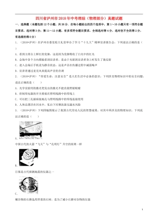 四川省泸州市2018年中考理综（物理部分）真题试题（含解析）.doc