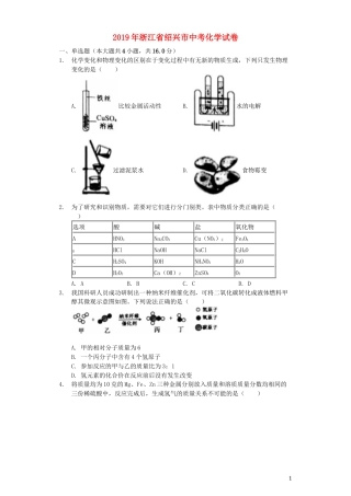 浙江省绍兴市2019年中考化学真题试题（含解析）.docx