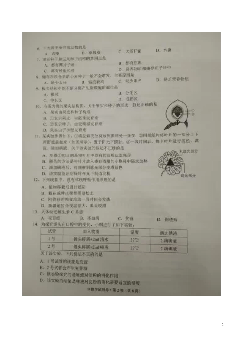 云南省2016年中考生物真题试题（扫描版，含答案）.doc_第2页