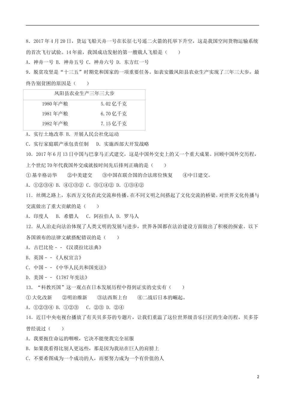 新疆乌鲁木齐市2017年中考历史真题试题（含解析）.doc_第2页