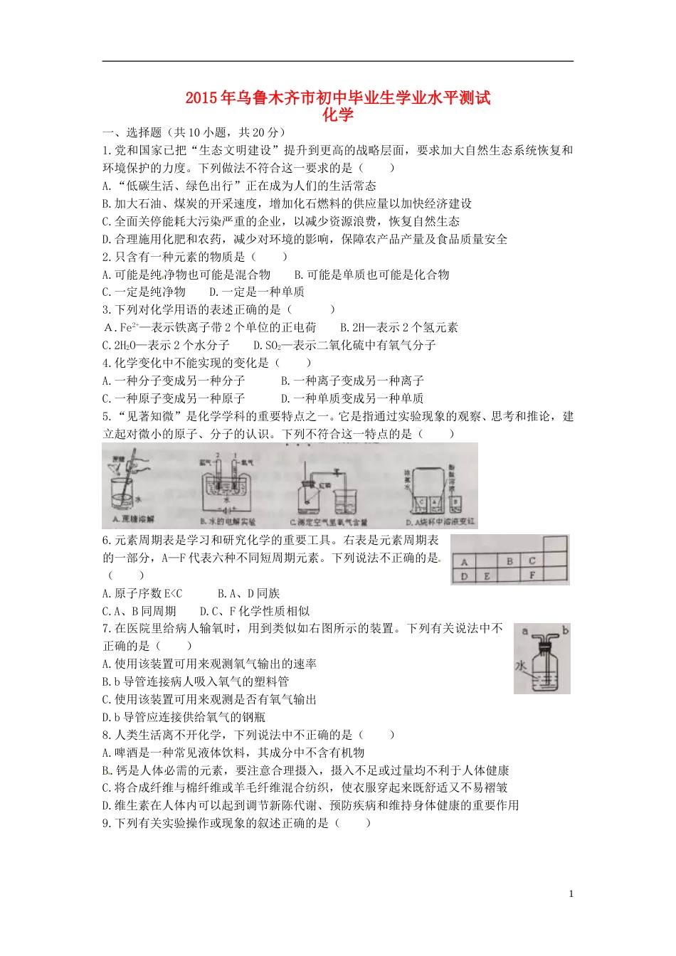 新疆乌鲁木齐市2015年中考化学真题试题（含扫描答案）.doc_第1页
