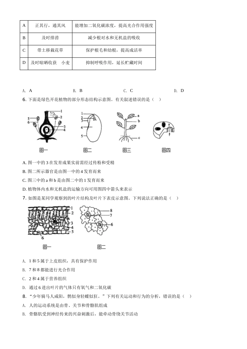 精品解析：山东省菏泽市2020年中考生物试题（原卷版）.doc_第2页