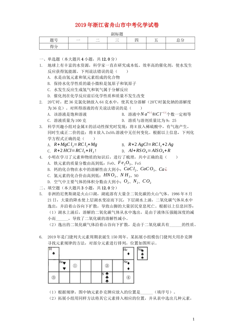 浙江省舟山市2019年中考化学真题试题（含解析）.docx_第1页