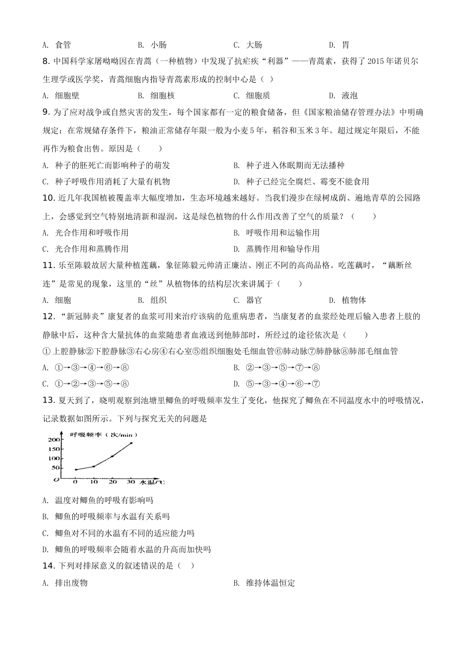 精品解析：四川省资阳市2020年中考生物试题（原卷版）.doc_第2页