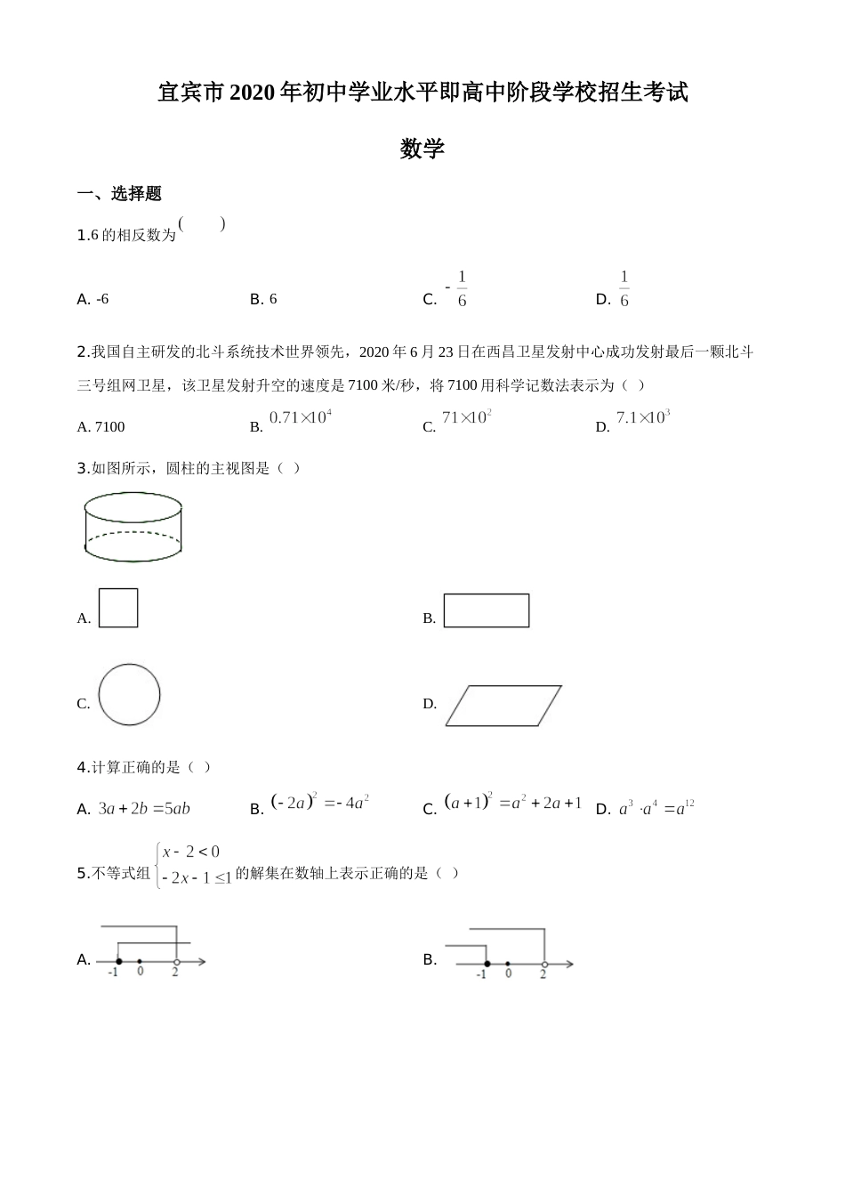 精品解析：四川省宜宾市2020年中考数学试题（原卷版）.doc_第1页