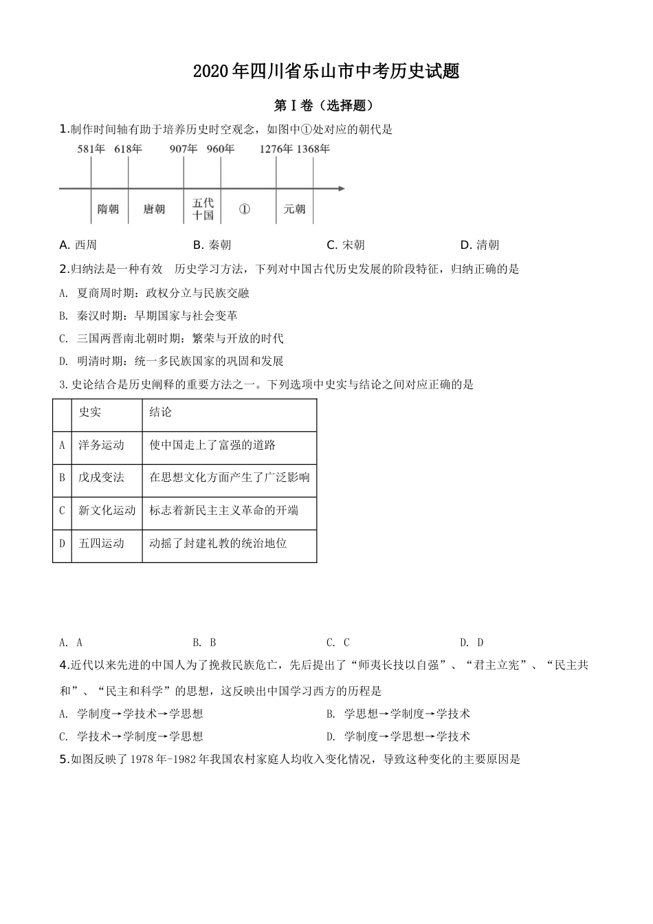 精品解析：四川省乐山市2020年中考历史试题（原卷版）(1).doc_第1页