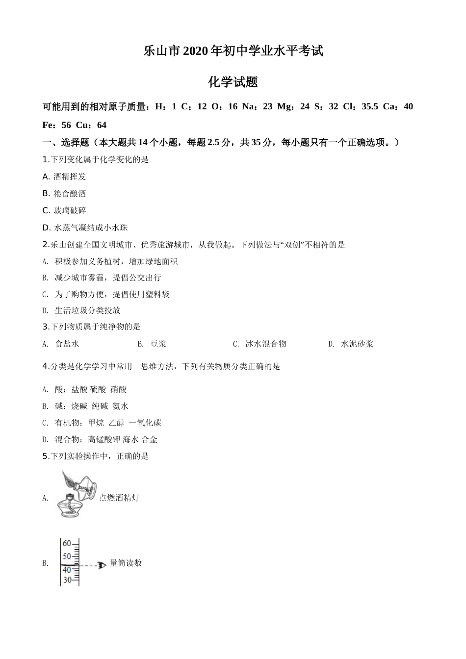 精品解析：四川省乐山市2020年中考化学试题（原卷版）.doc_第1页