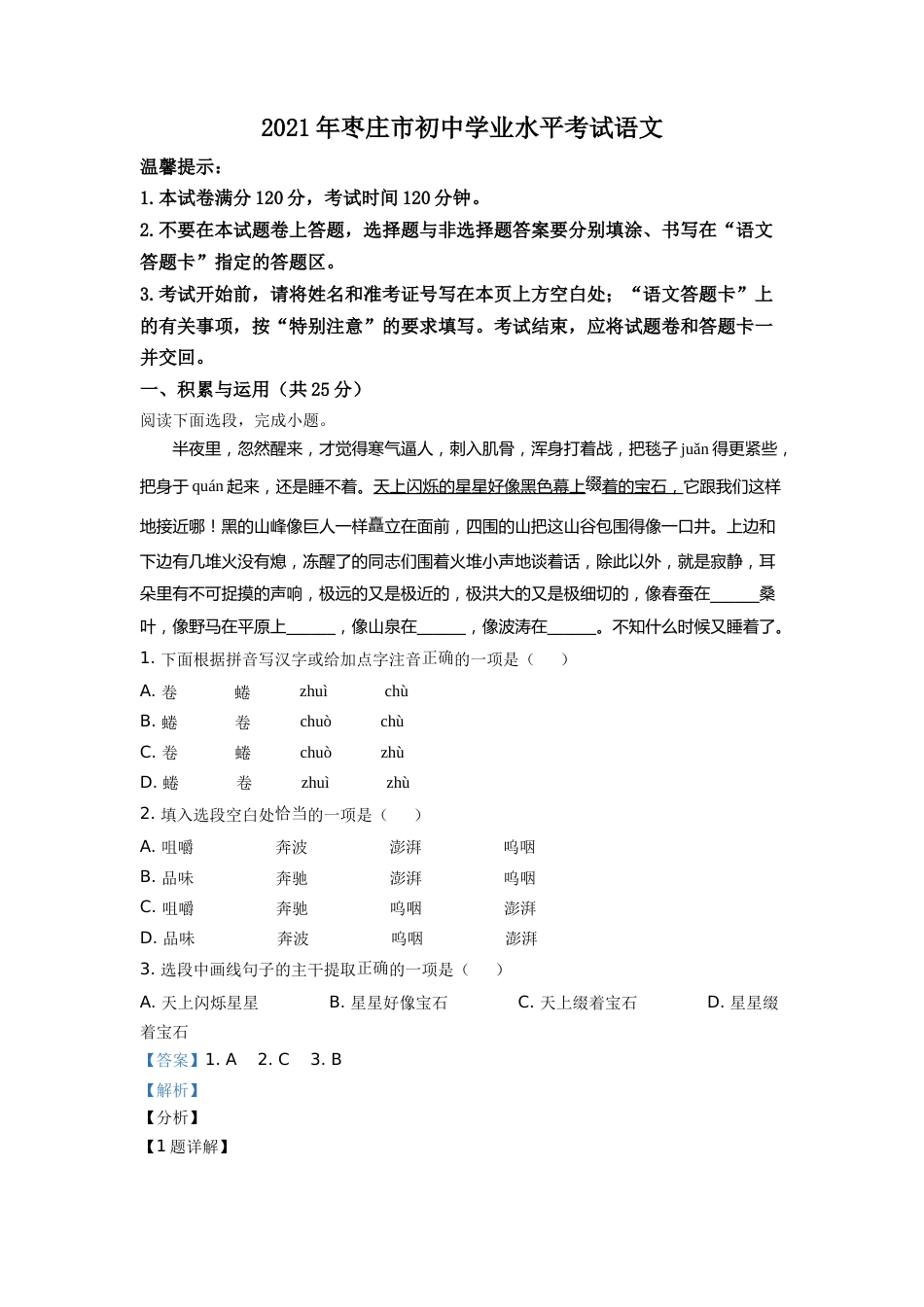 精品解析：山东省枣庄市2021年中考语文试题（解析版）.doc_第1页