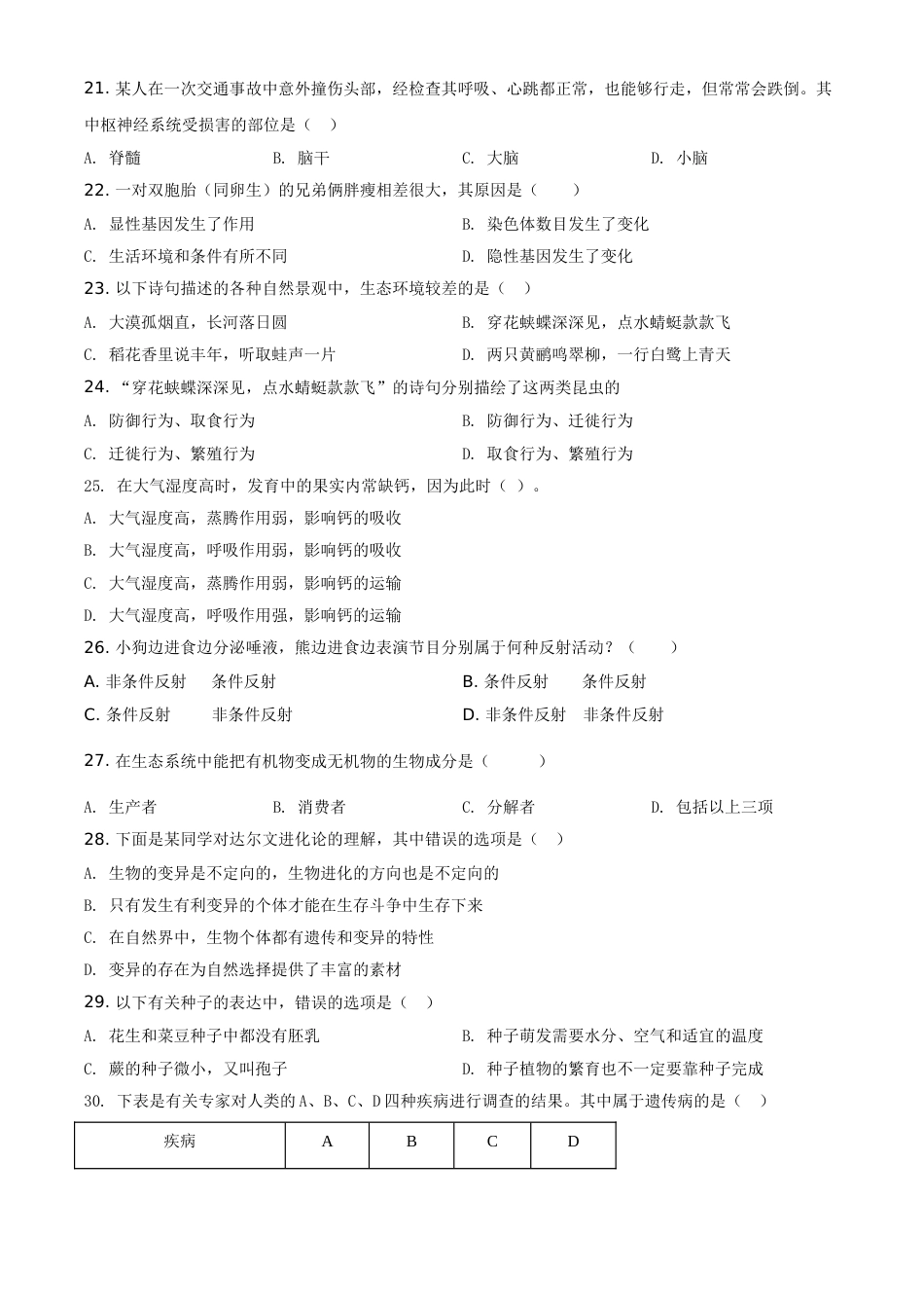 精品解析：山东省日照市2020年中考生物试题（原卷版）.doc_第3页
