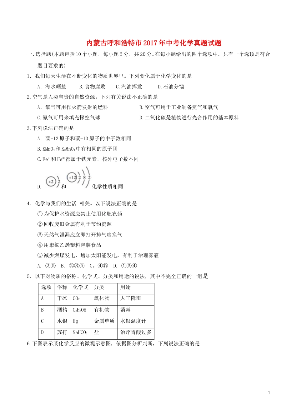 内蒙古呼和浩特市2017年中考化学真题试题（含答案）.DOC_第1页