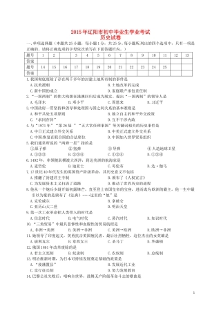 辽宁省辽阳市2015年中考历史真题试题（含答案）.doc