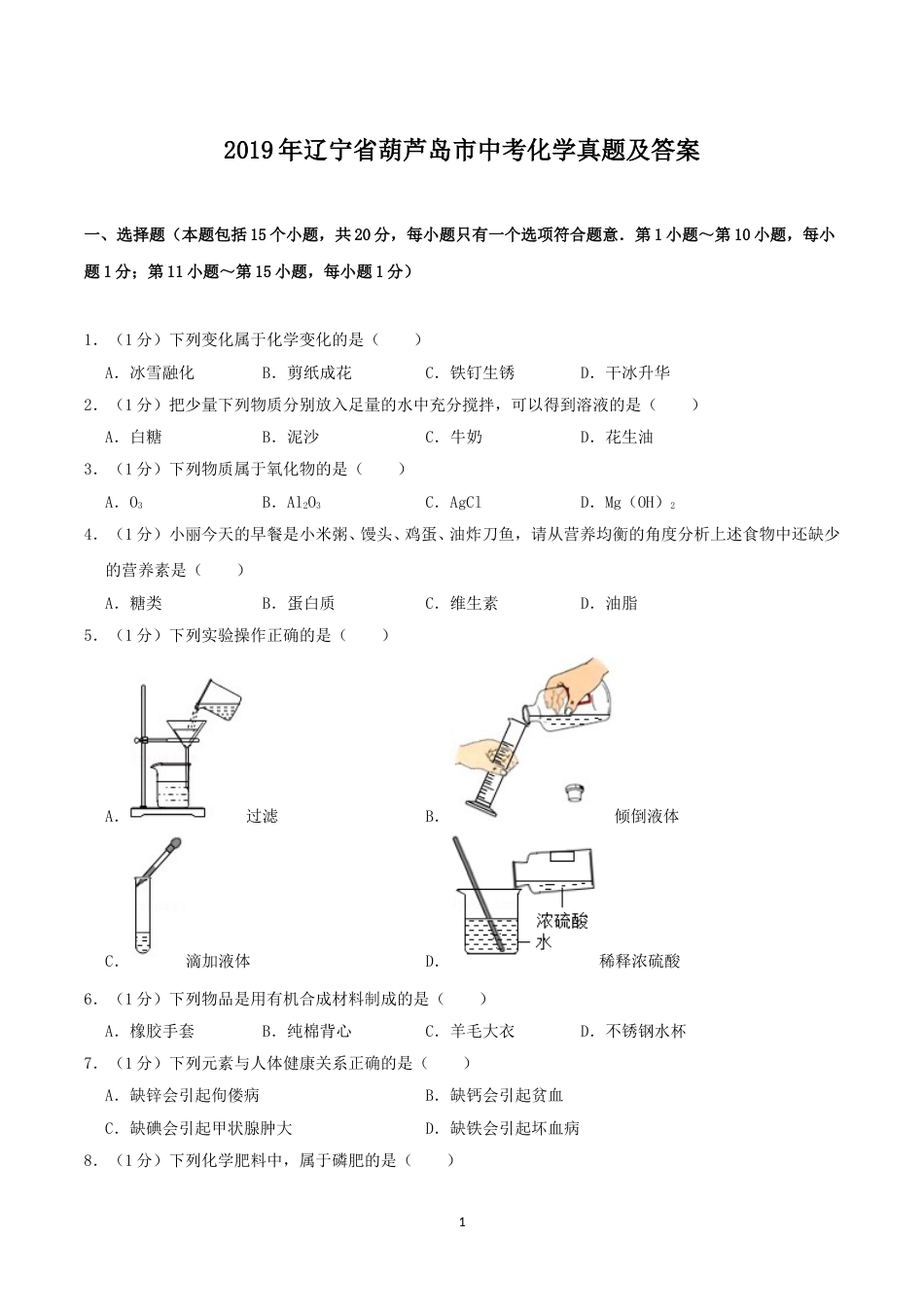 辽宁省葫芦岛市2019年中考化学真题及答案.doc_第1页
